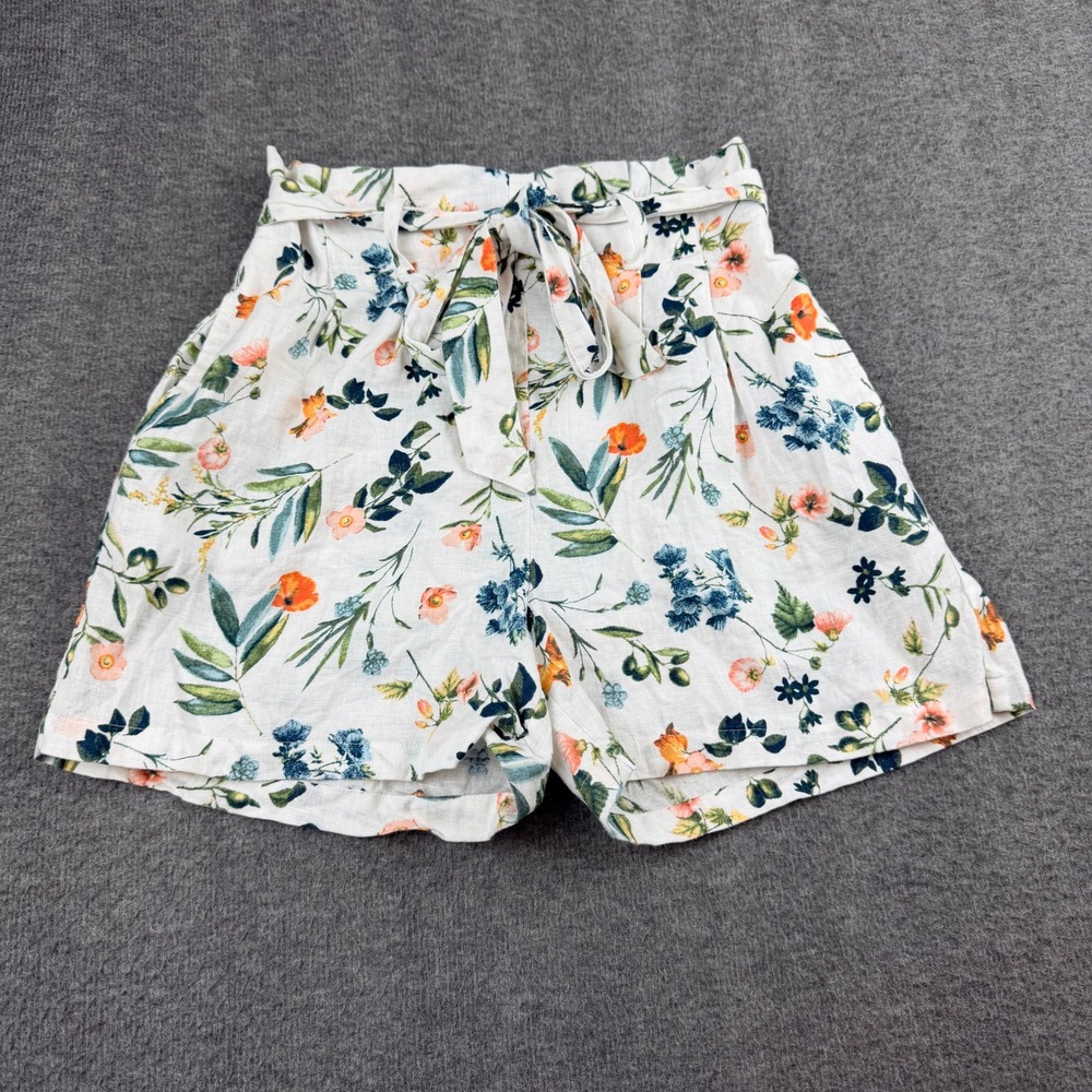 Saks Fifth Avenue Shorts‎ Women's XS White Floral Paperbag Waist Tie Belt Linen